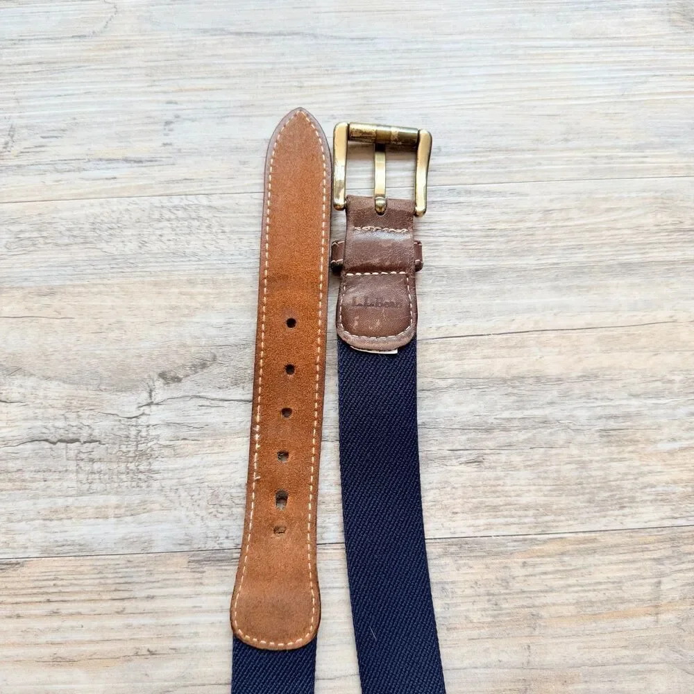 L.L.Bean Stretch Web Belt Size 40 Brown Leather Navy Red Stripe Brass Buckle